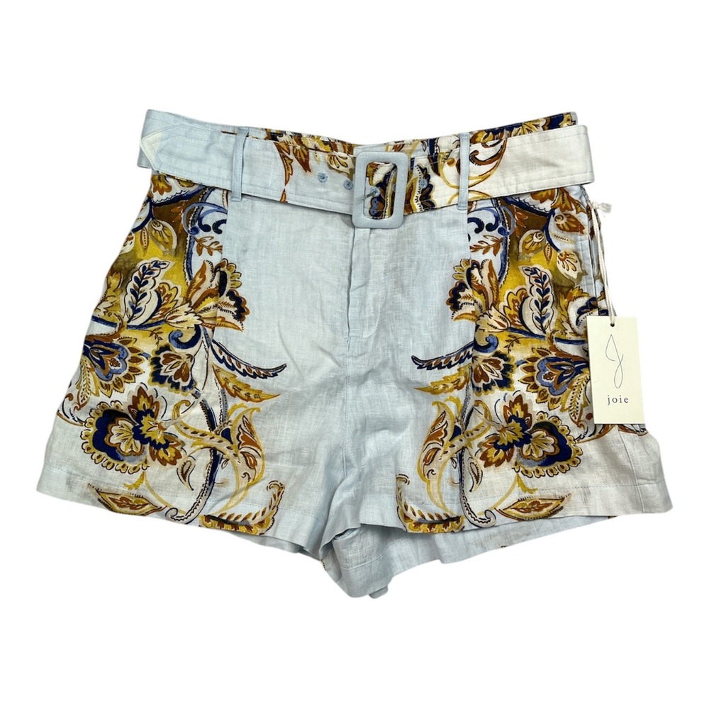 Joie NEW Shorts Women's Large Blue Floral Paisley 100% Linen Belted High Rise